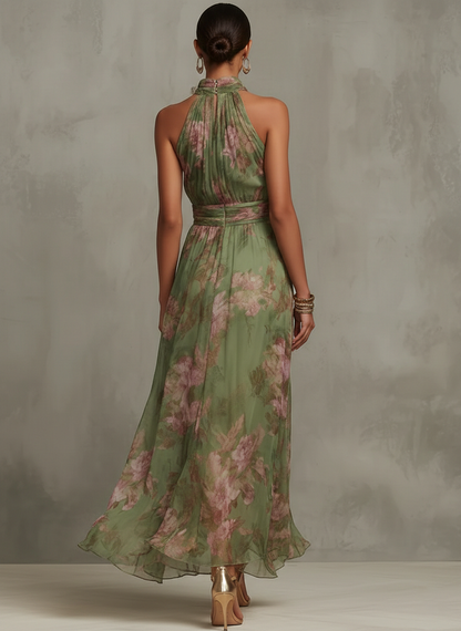 Serena - Long green floral chiffon dress with halter neckline
