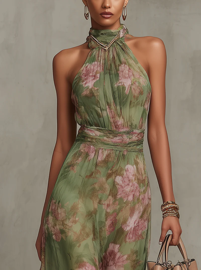 Serena - Long green floral chiffon dress with halter neckline
