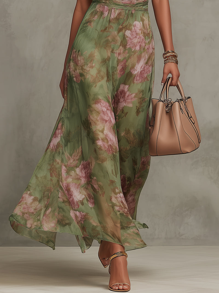 Serena - Long green floral chiffon dress with halter neckline