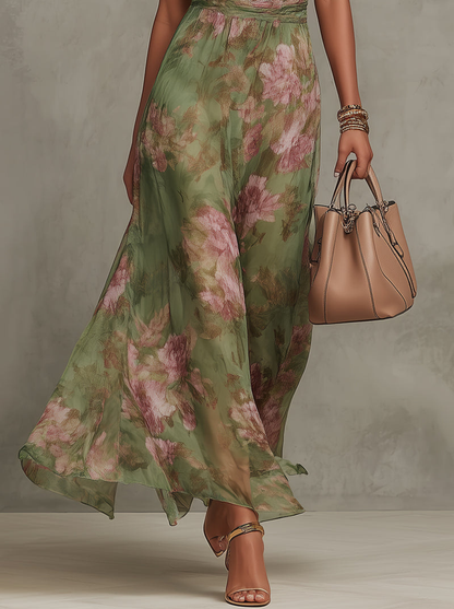 Serena - Long green floral chiffon dress with halter neckline