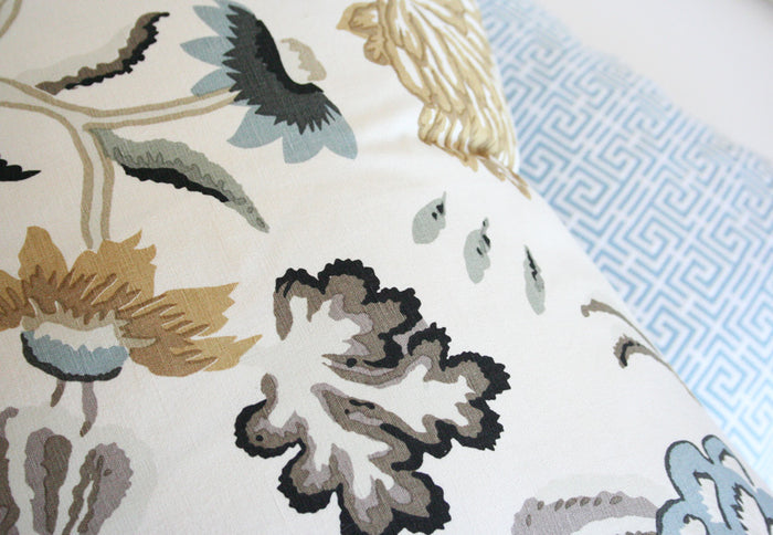 Serenity Pebble & Chinois Fret Blue Custom Designer Pillows detailed view | Arianna Belle