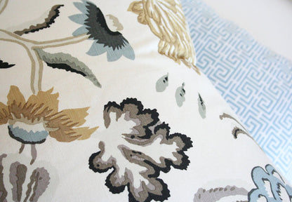 Serenity Pebble & Chinois Fret Blue Custom Designer Pillows detailed view | Arianna Belle