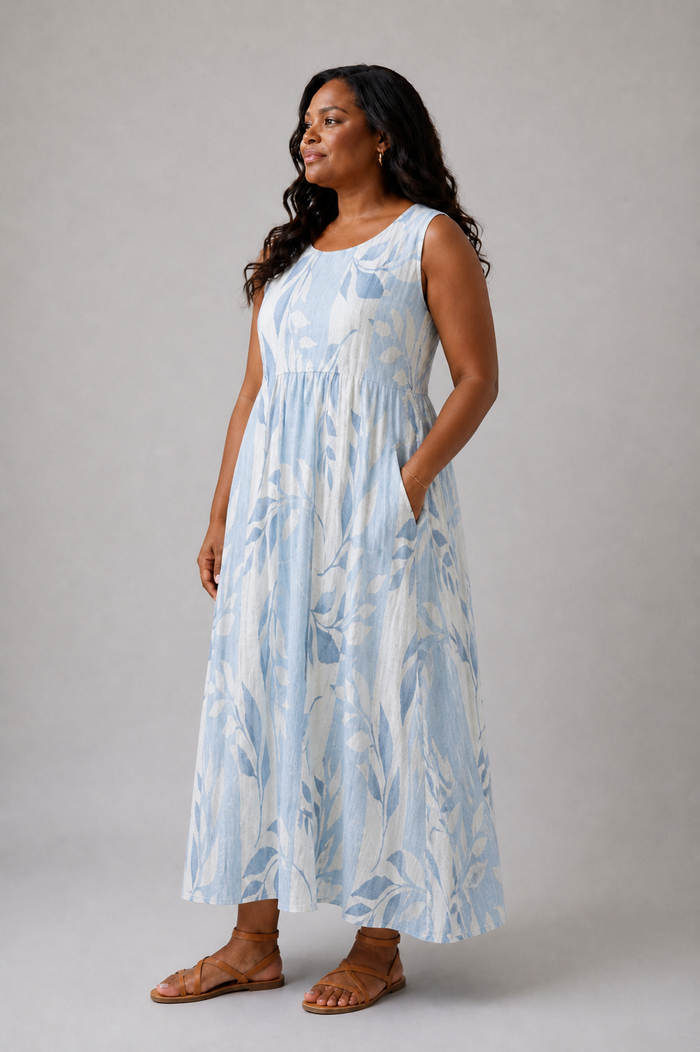 Solene | Sleeveless Midi Dress with Blue Leaf Pattern
