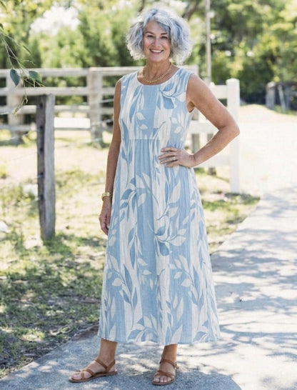 Solene | Sleeveless Midi Dress with Blue Leaf Pattern