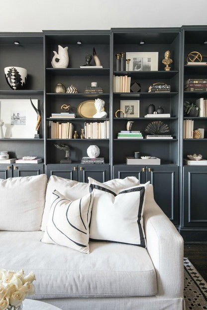 Solid White with Black Grosgrain Ribbon Custom Designer Pillow on sofa | Arianna Belle
