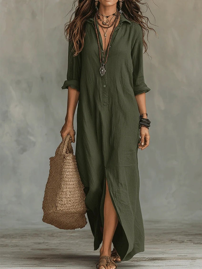 Soline™ | Black Fitted Maxi Dress with Buttons