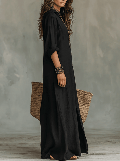 Soline™ | Black Fitted Maxi Dress with Buttons