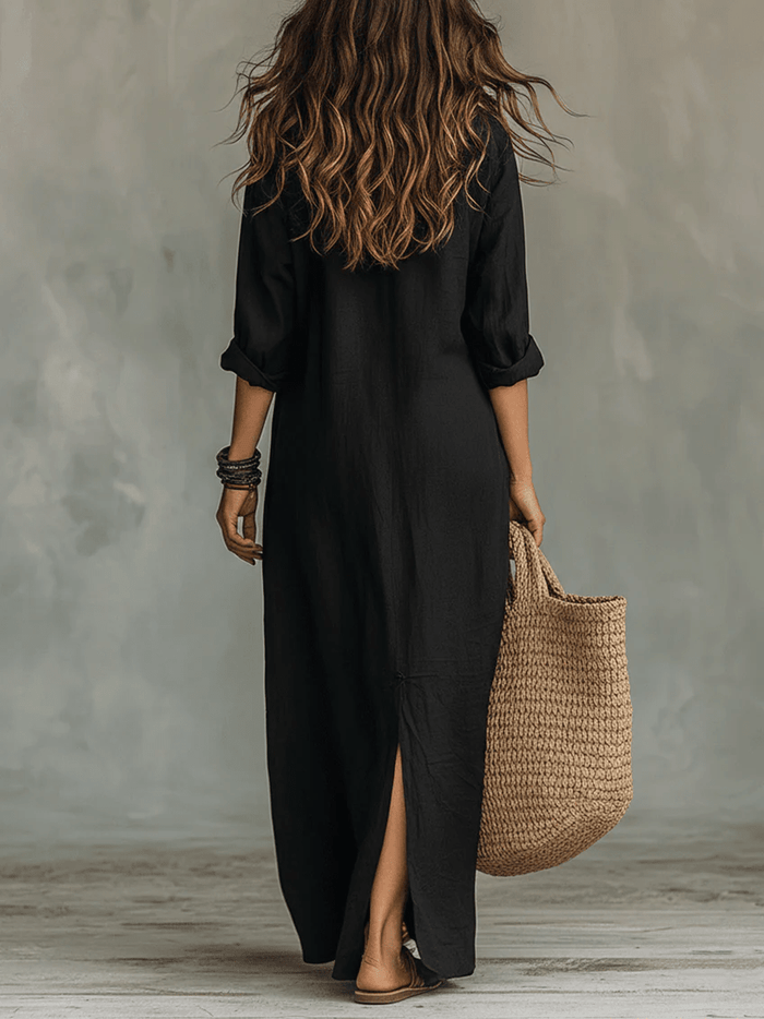 Soline™ | Black Fitted Maxi Dress with Buttons