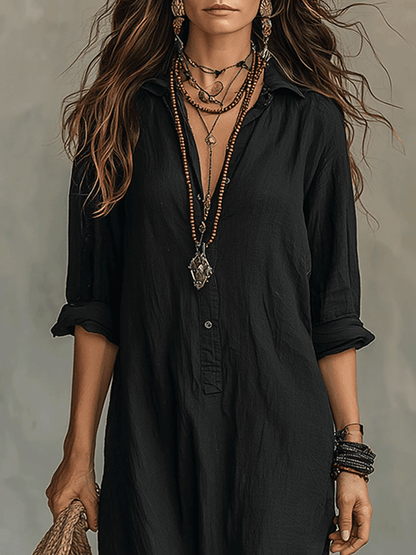 Soline™ | Black Fitted Maxi Dress with Buttons