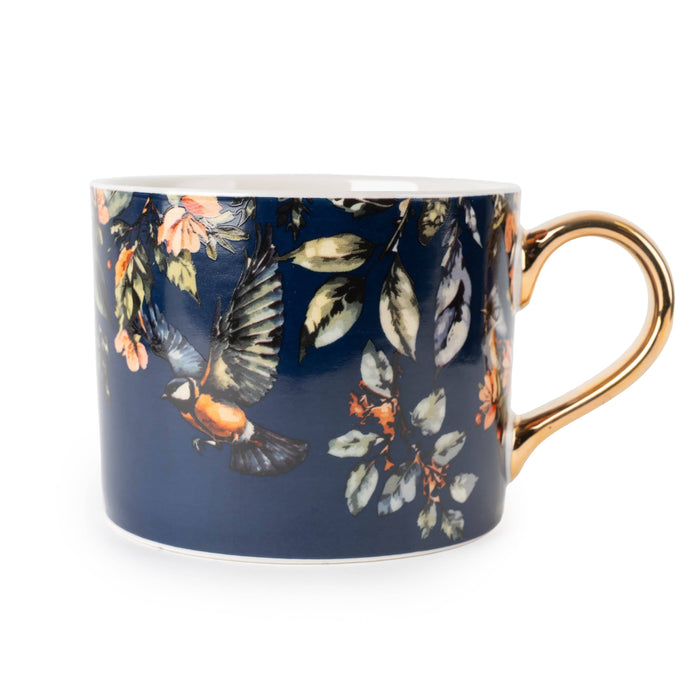 Straight Sided Mug with Gold Handle - Garden Blooms Blue