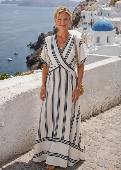 Thalassa | Midi Dress with Short Sleeves, V-Neck, and Wrap Waist