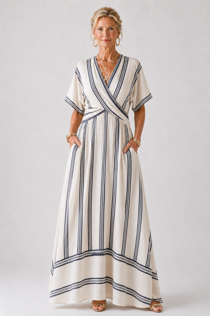 Thalassa | Midi Dress with Short Sleeves, V-Neck, and Wrap Waist