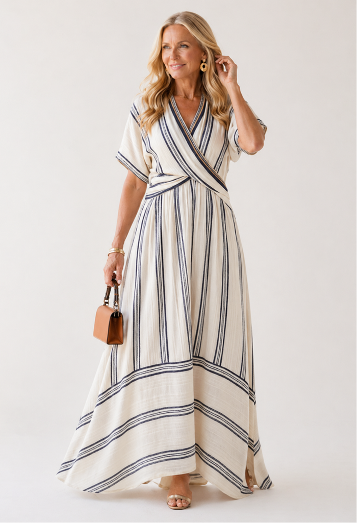 Thalassa | Midi Dress with Short Sleeves, V-Neck, and Wrap Waist