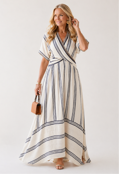 Thalassa | Midi Dress with Short Sleeves, V-Neck, and Wrap Waist