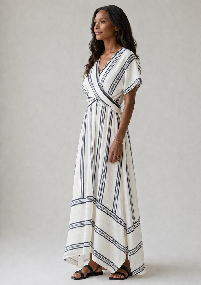 Thalassa | Midi Dress with Short Sleeves, V-Neck, and Wrap Waist