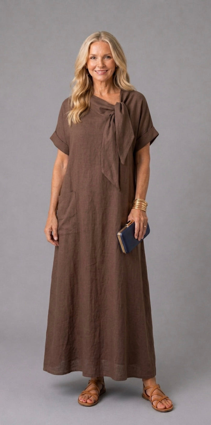 Tivara | Short sleeve midi dress with tied neck and pocket