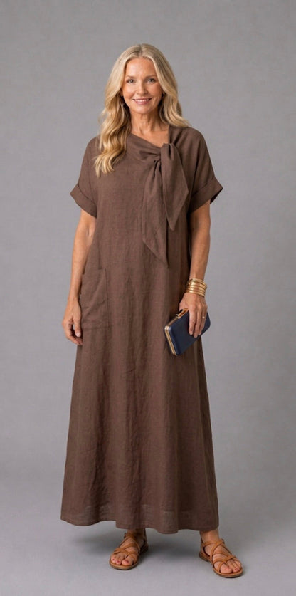 Tivara | Short sleeve midi dress with tied neck and pocket