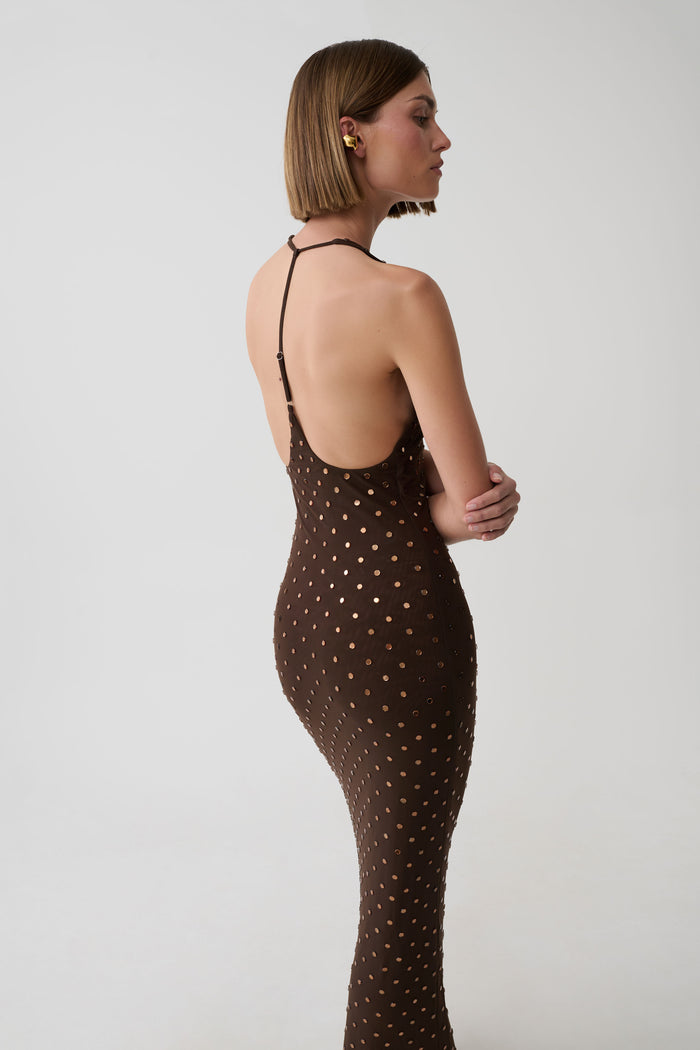 Valentine Diamante Maxi Dress - Chocolate