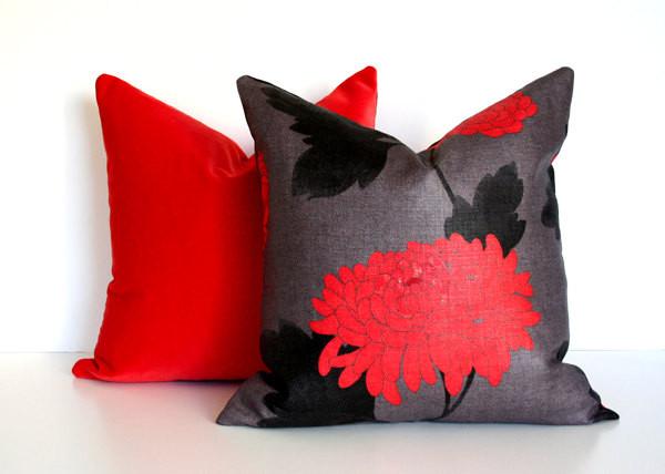 Wilde Chrysanthemum Red & Red Velvet Custom Designer Pillow | Arianna Belle