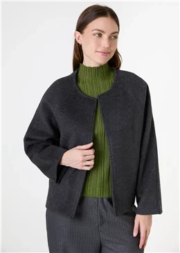 Wool Blend Boxy Round Neck Raglan Jacket