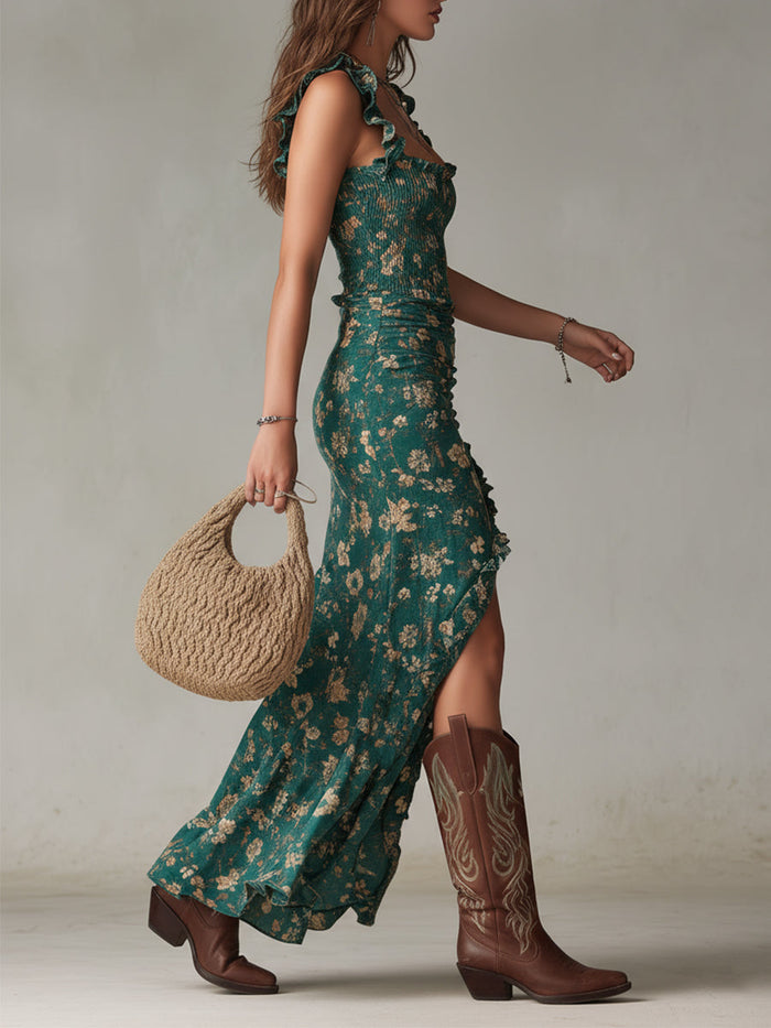 Zara - Retro Boho Maxi Dress with Ruffled Sleeves and High Slit