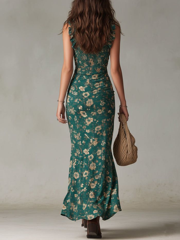 Zara - Retro Boho Maxi Dress with Ruffled Sleeves and High Slit